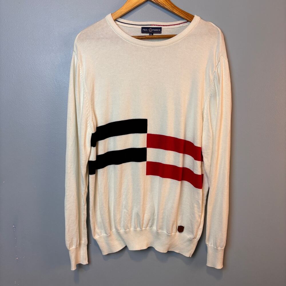 Paul Parker Men's Knit Sweater Long Sleeve Red Blue Half Stripe 100 Cotton 3XL